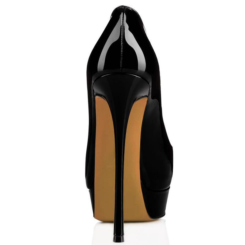 Women's round toe high heel shoes in sleek black with a glossy finish and high stiletto heel