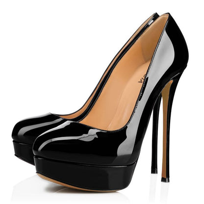 Women's round toe high heel shoes in glossy black with a sleek design and high stiletto heels