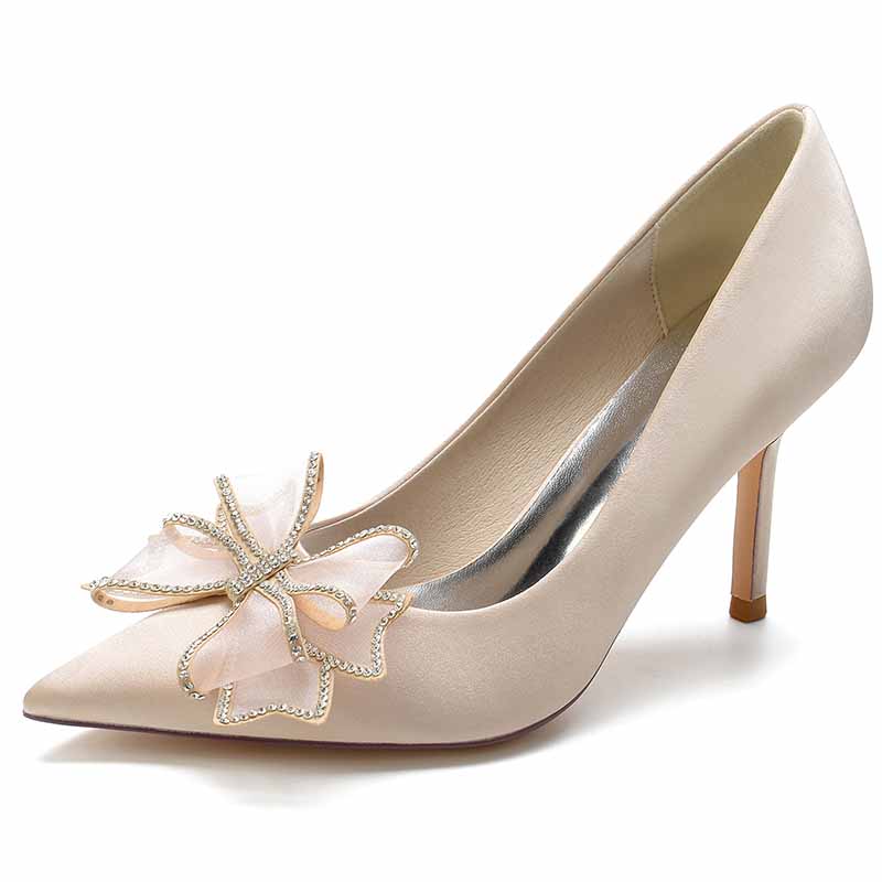 Elegant women's satin wedding shoes with floral embellishments and high heels for a stylish bridal look