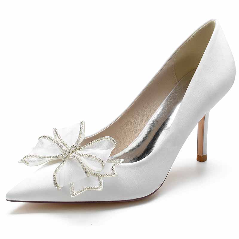 Elegant women's satin wedding shoes with a decorative bow and high stiletto heel