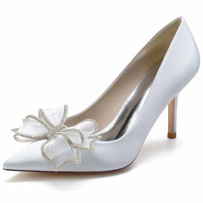 Elegant women's satin wedding shoes with a crystal bow detail and a pointed toe design