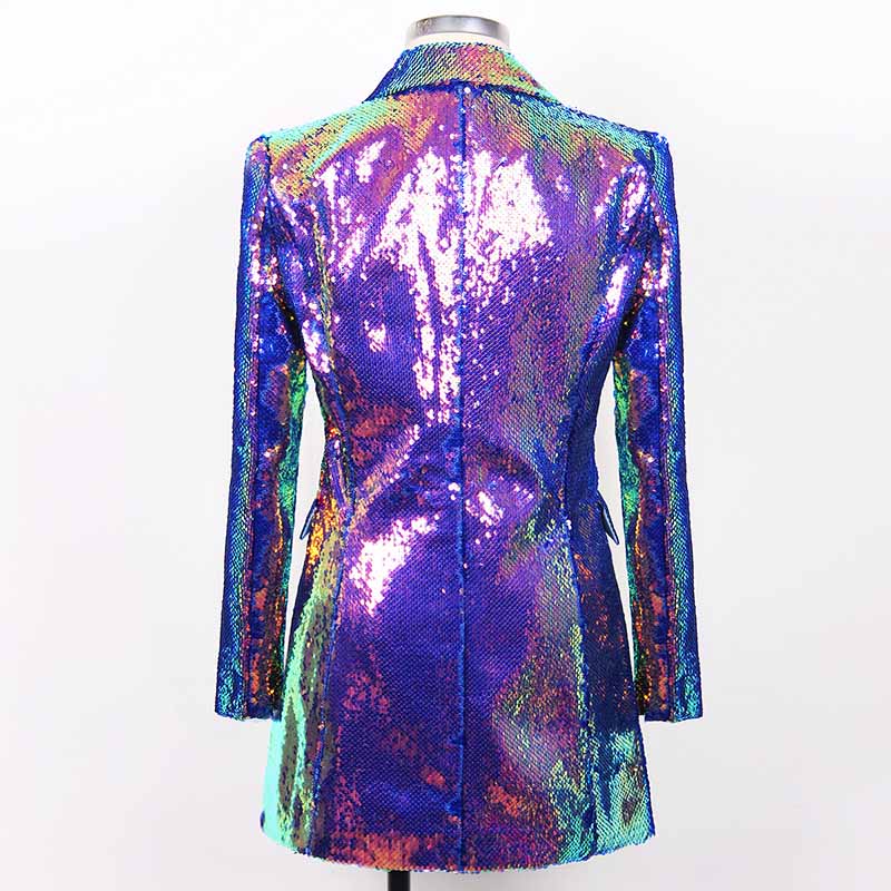 Vibrant women's sequin blazer coat with a stylish back design in shimmering purple and blue colors