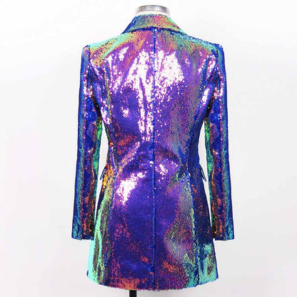 Vibrant women's sequin blazer coat with a stylish back design in shimmering purple and blue colors