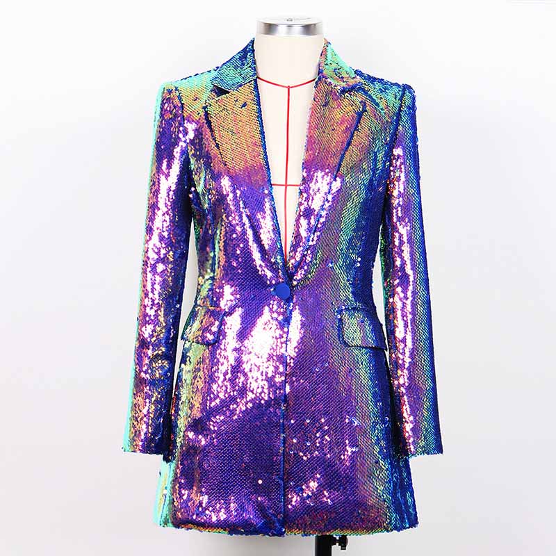 Shimmering women's sequin blazer coat in vibrant purple and blue hues for stylish occasions