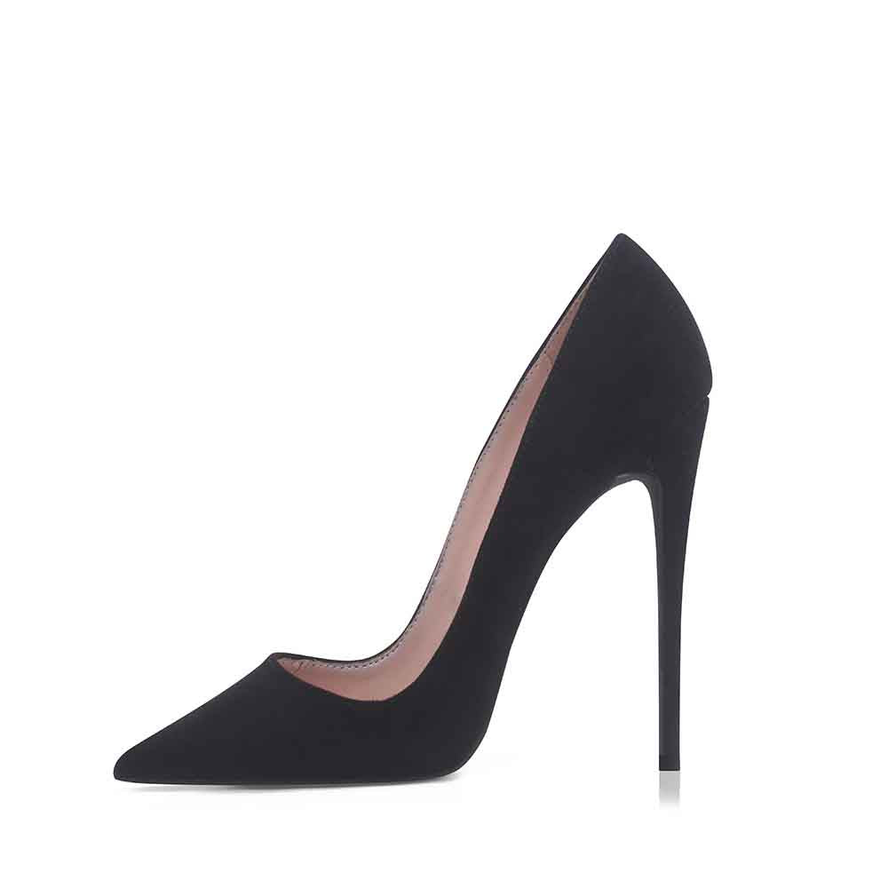 Elegant black women's suede high heel pumps with a sleek pointed toe design