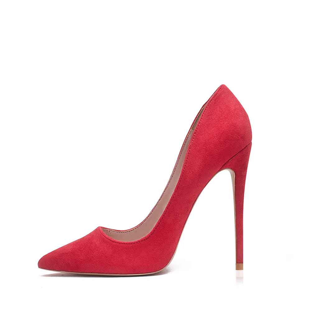Women's suede high heel pumps in red with a pointed toe design for elegant style