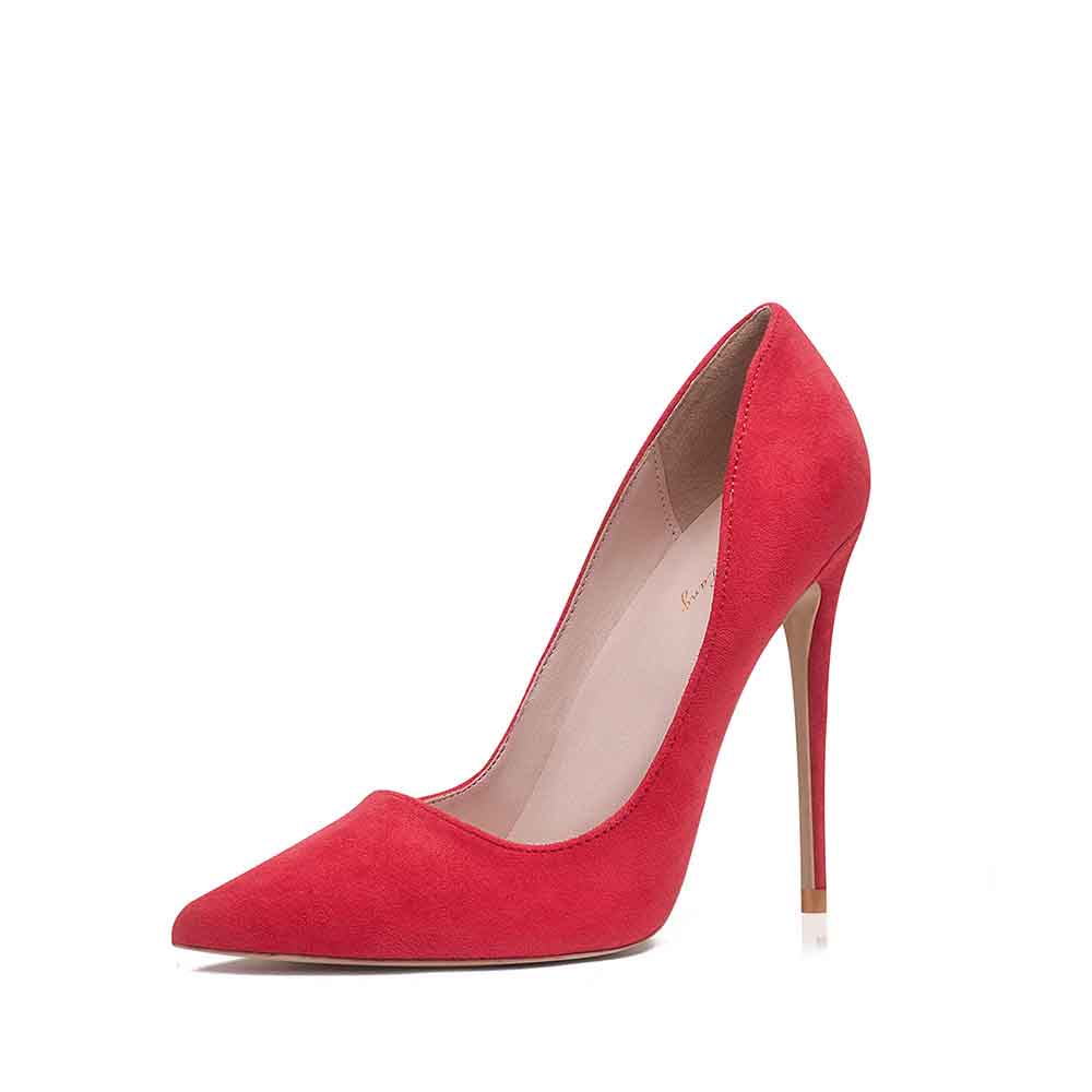Women's suede high heel pumps in vibrant red with a sleek pointed toe design