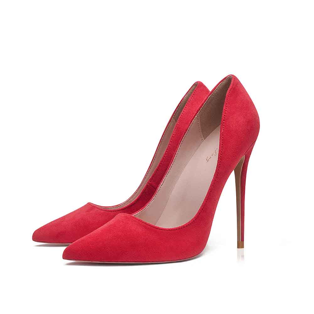 Women's suede high heel pumps in red with a sleek pointed toe design