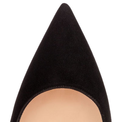 Close-up of black women's suede stiletto pumps with a pointed toe design