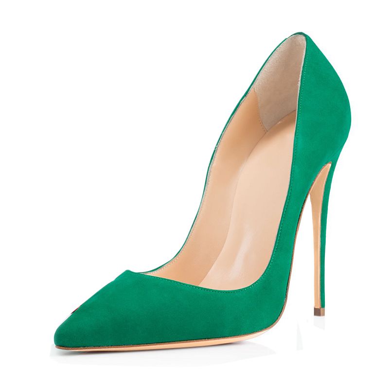 Green women's suede stiletto pumps with a pointed toe and high heel for elegant styling