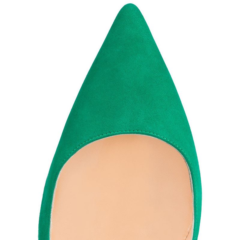 Green women's suede stiletto pumps with a sleek pointed toe design for elegant style