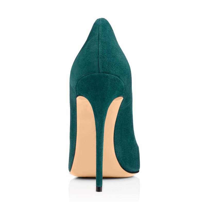 Back view of women's suede stiletto pumps in teal with a sleek pointed toe and high heel