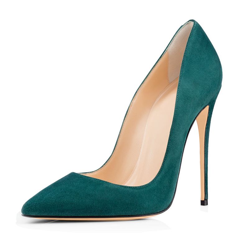 Teal women's suede stiletto pumps with pointed toe and high heels for elegant styling