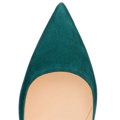 Close-up view of sd-hk women's suede stiletto pumps in teal featuring a sleek pointed toe design