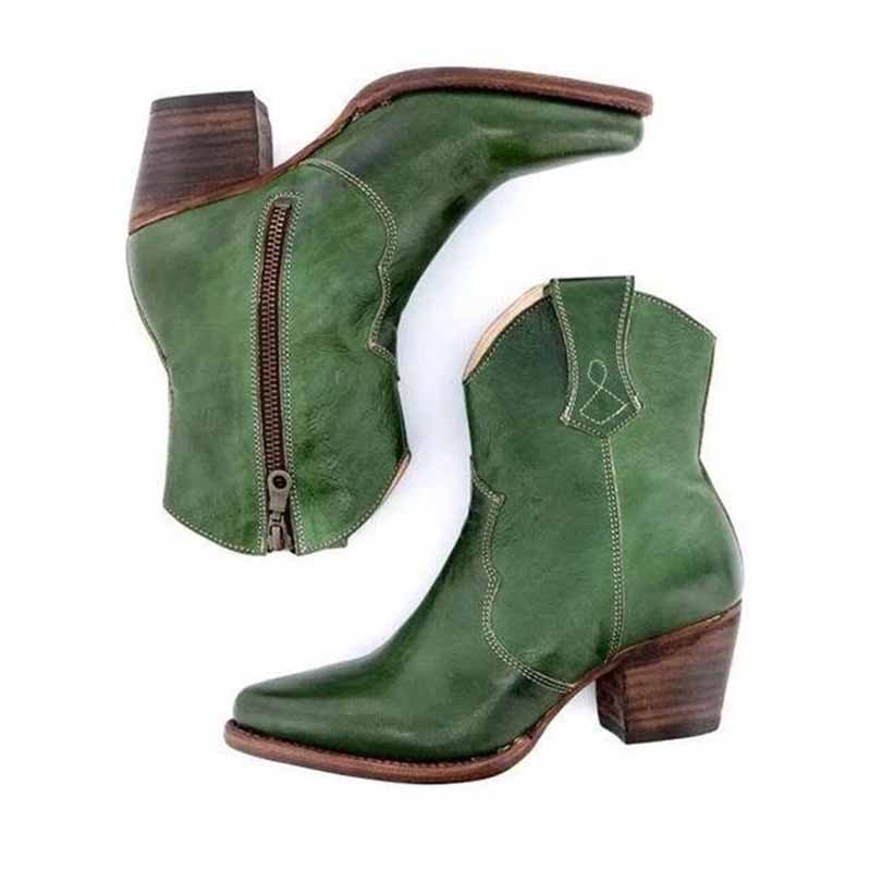 Stylish green women's wedding cowboy boots with a modern zipper and a classic heel design