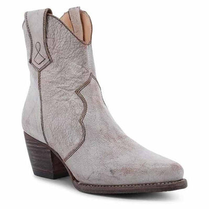 Stylish women's wedding cowboy boots in light gray with a pointed toe and stacked heel