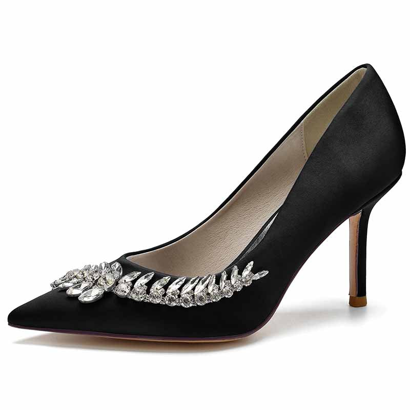 Elegant black women's wedding shoes with rhinestones featuring a pointed toe and stiletto heel