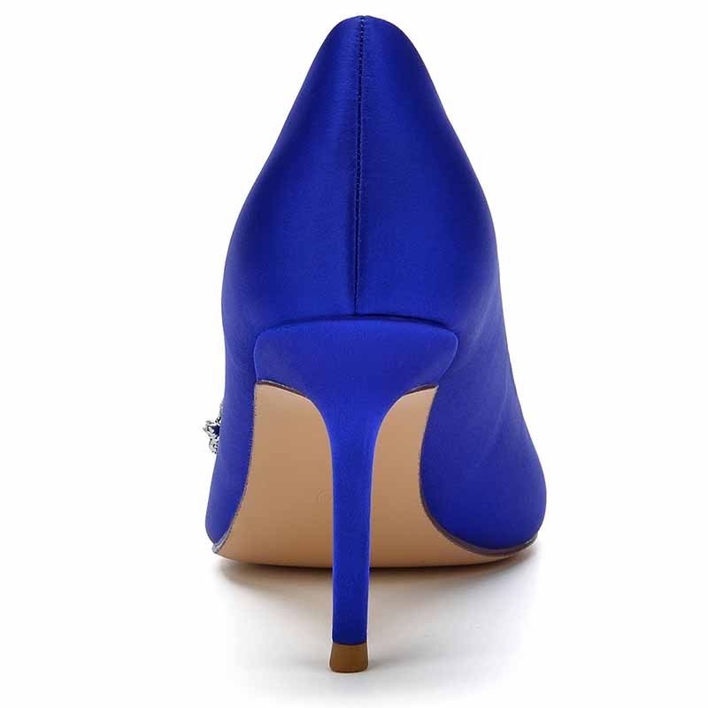 Elegant blue women's wedding shoes with rhinestones featuring a sleek stiletto heel