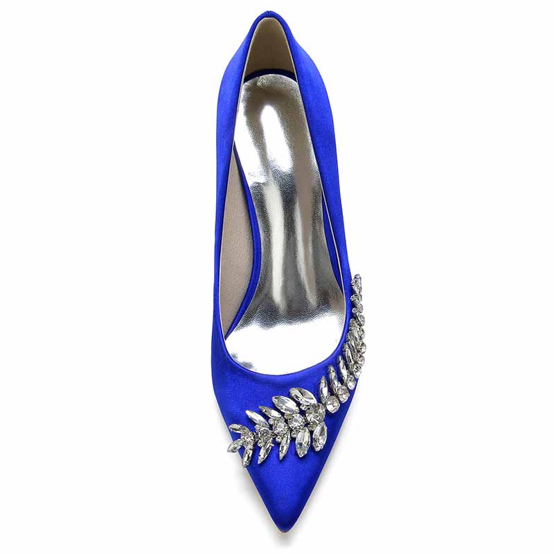 S&DCo. Women's wedding shoes with rhinestones in blue satin featuring a pointed toe design