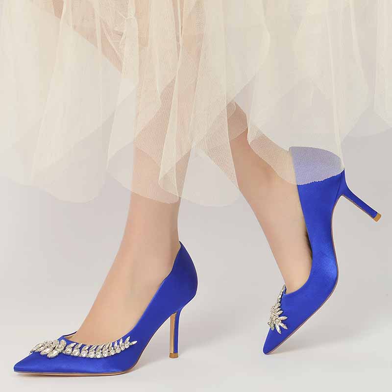 S&DCo. women's wedding shoes with rhinestones in blue satin featuring elegant stiletto heels