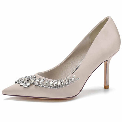Elegant S&DCo. women's wedding shoes with rhinestones in soft beige color and pointed toe design