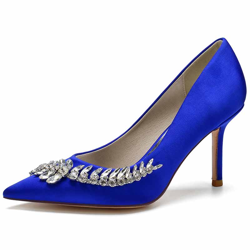 Elegant blue satin women's wedding shoes with rhinestones for stylish brides
