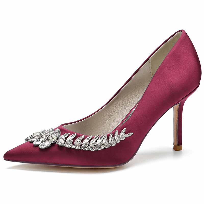 Elegant burgundy women's wedding shoes with rhinestones, featuring a pointed toe and stiletto heel