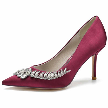 Elegant burgundy women's wedding shoes with rhinestones, featuring a pointed toe and stiletto heel
