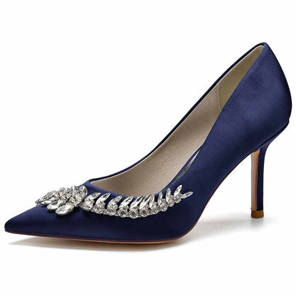 Navy S&DCo. women's wedding shoes with rhinestones featuring a pointed toe design and elegant detailing