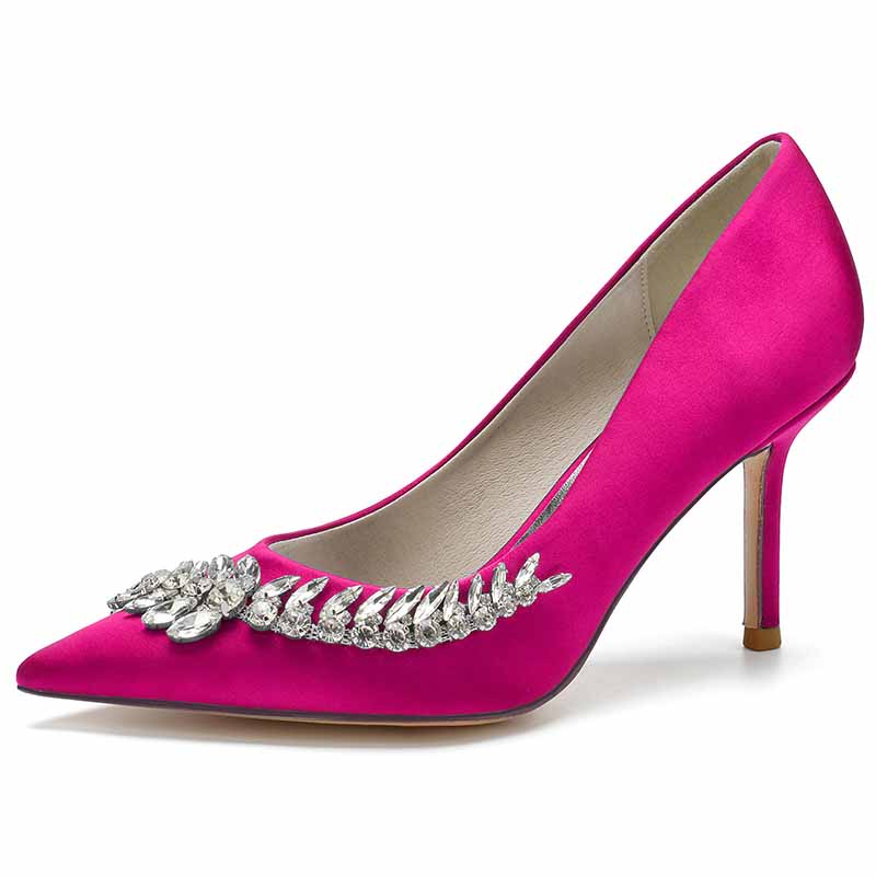 Bright pink women's wedding shoes with rhinestones featuring a pointed toe and elegant design