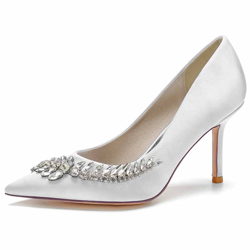 Elegant white women's wedding shoes with rhinestones featuring a stylish pointed toe and high heel
