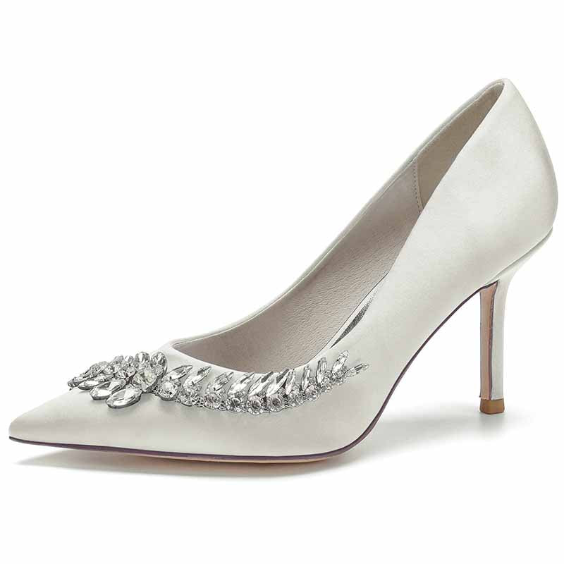 Elegant women's wedding shoes with rhinestones featuring a pointed toe and stiletto heel