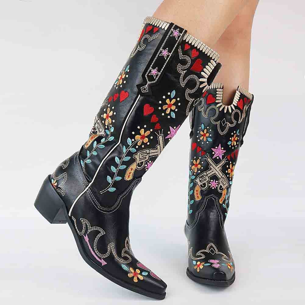 Stylish women's western cowboy boots with colorful embroidery and a pointed toe design
