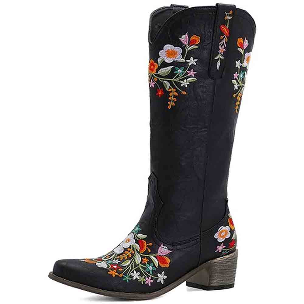 Black women's western cowboy boots with floral embroidery and a stylish heel for a trendy look