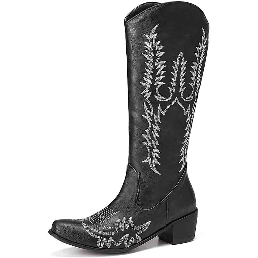 Stylish black women's western cowboy boots with silver embroidery and a flattering mid-calf design