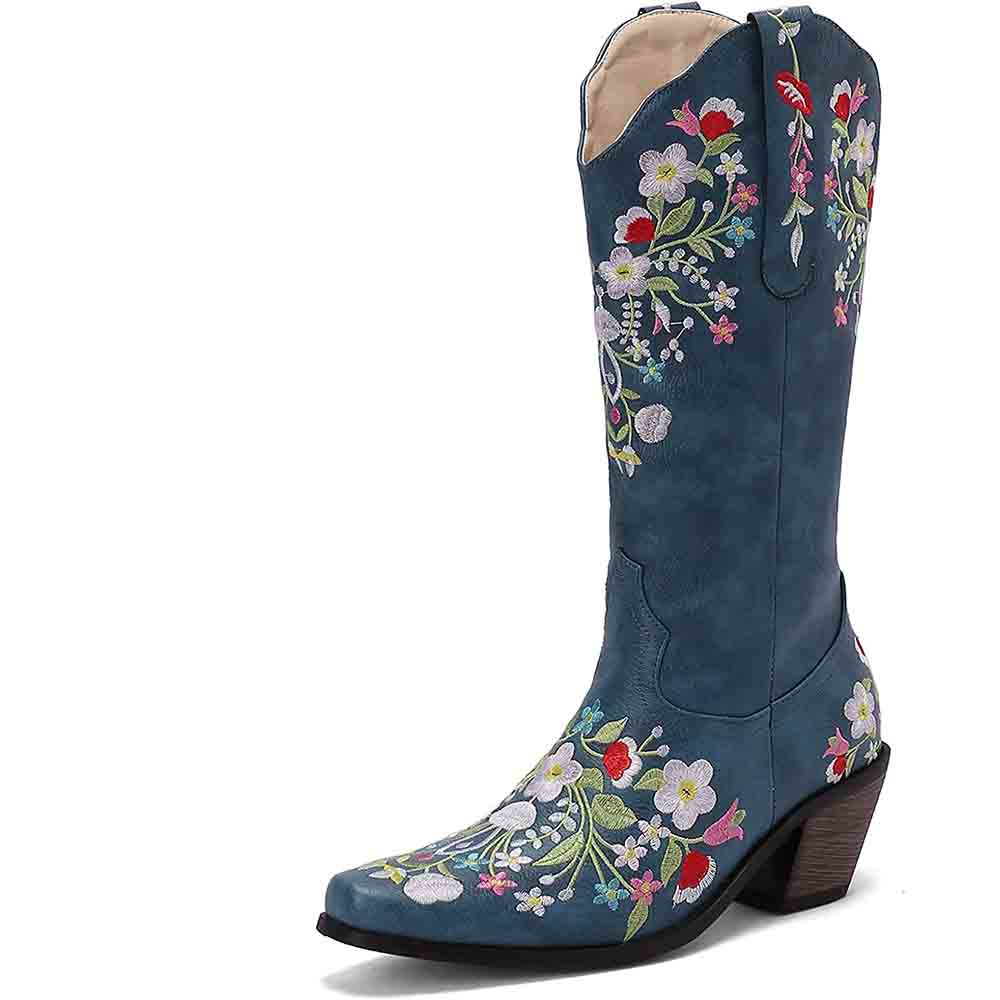 Women's western cowboy boots in blue with floral embroidery and a stylish heel