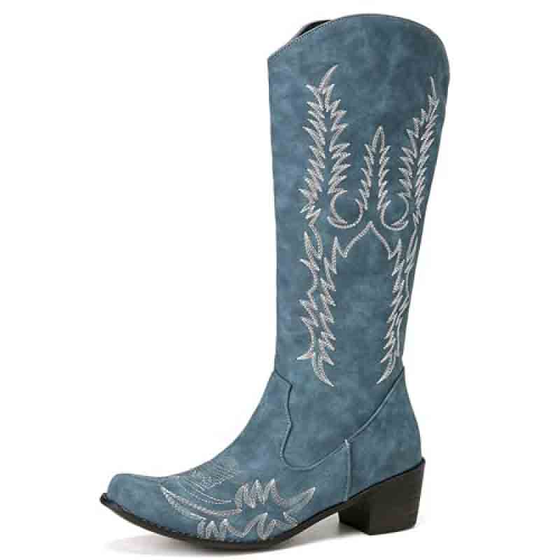Blue women's western cowboy boots with intricate embroidery and a stylish design