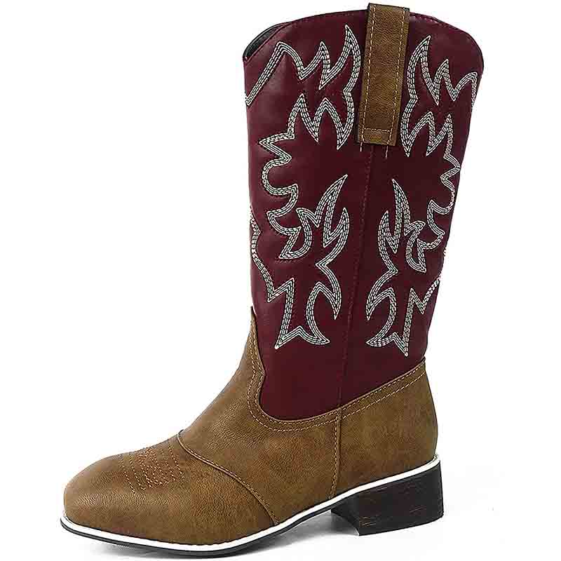 Women's western cowboy boots in burgundy and brown with intricate stitching and a stylish design