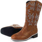 Brown women's western cowboy boots with embroidered design and low heel for stylish comfort