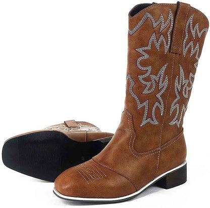 Brown women's western cowboy boots with embroidered design and low heel for stylish comfort