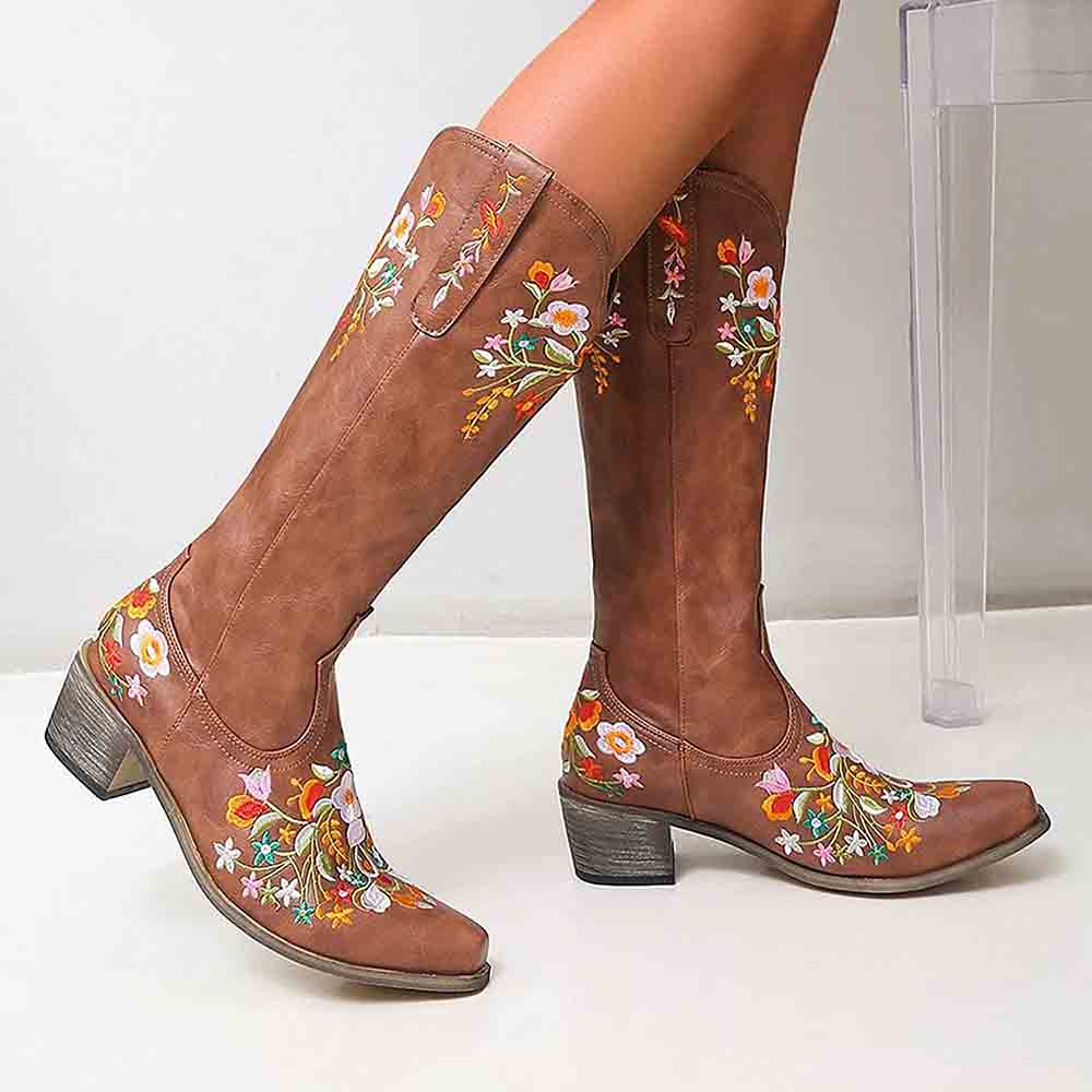 Stylish women's western cowboy boots with floral embroidery, perfect for fashion-forward country looks