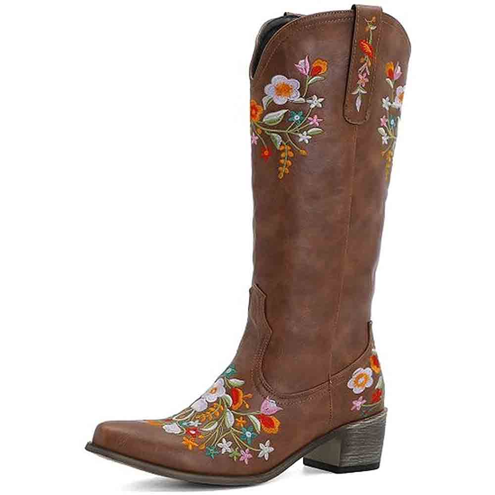 Stylish women's western cowboy boots with floral embroidery and a comfortable block heel