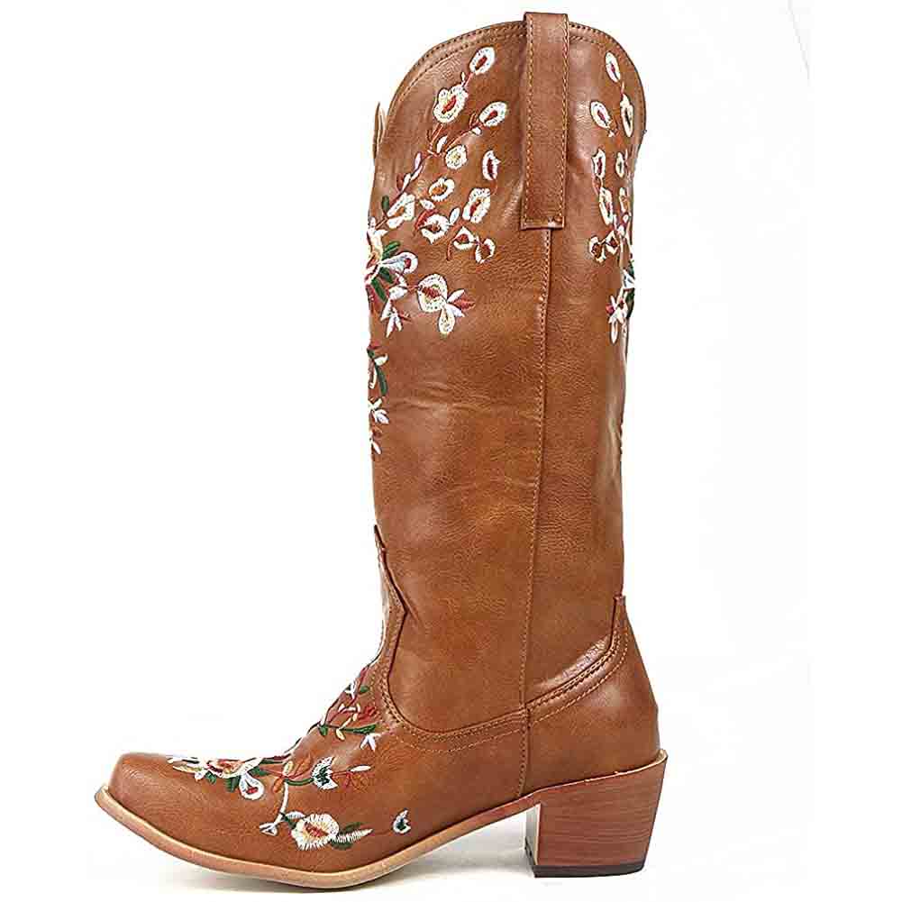 Stylish women's western cowboy boots with floral embroidery and a sleek brown design