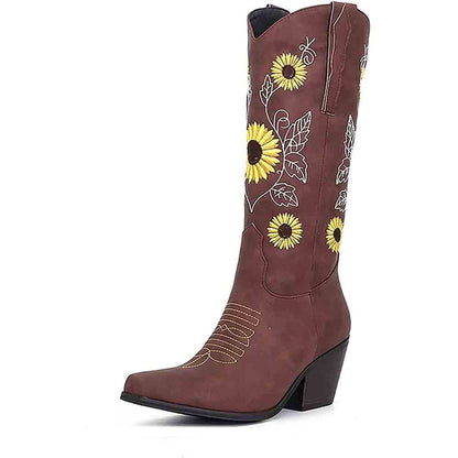 Brown women's western cowboy boots with sunflower embroidery and a stylish pointed toe