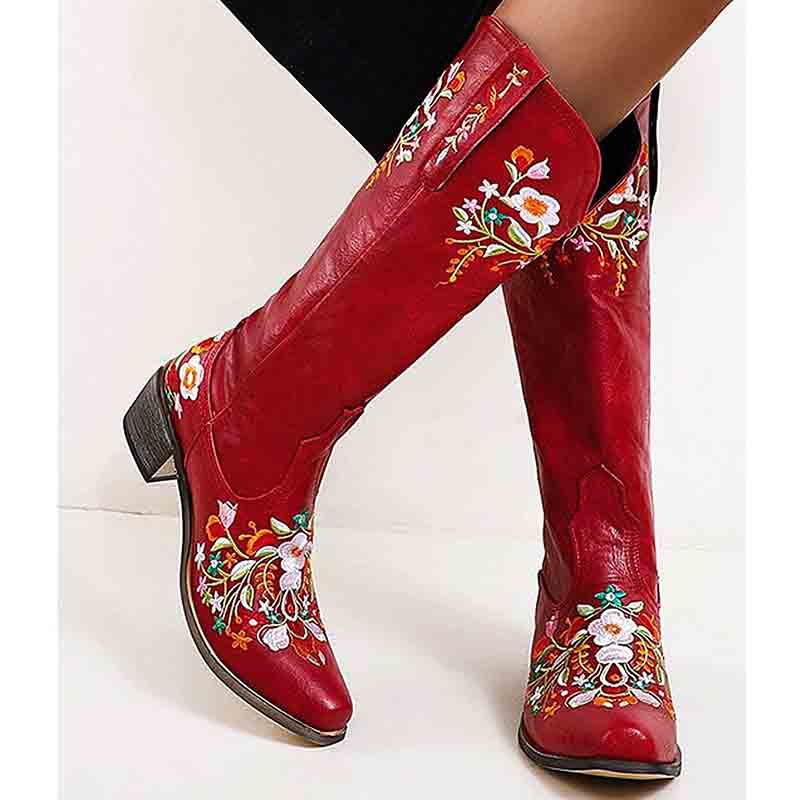 Stylish women's western cowboy boots in red with floral embroidery for a trendy look
