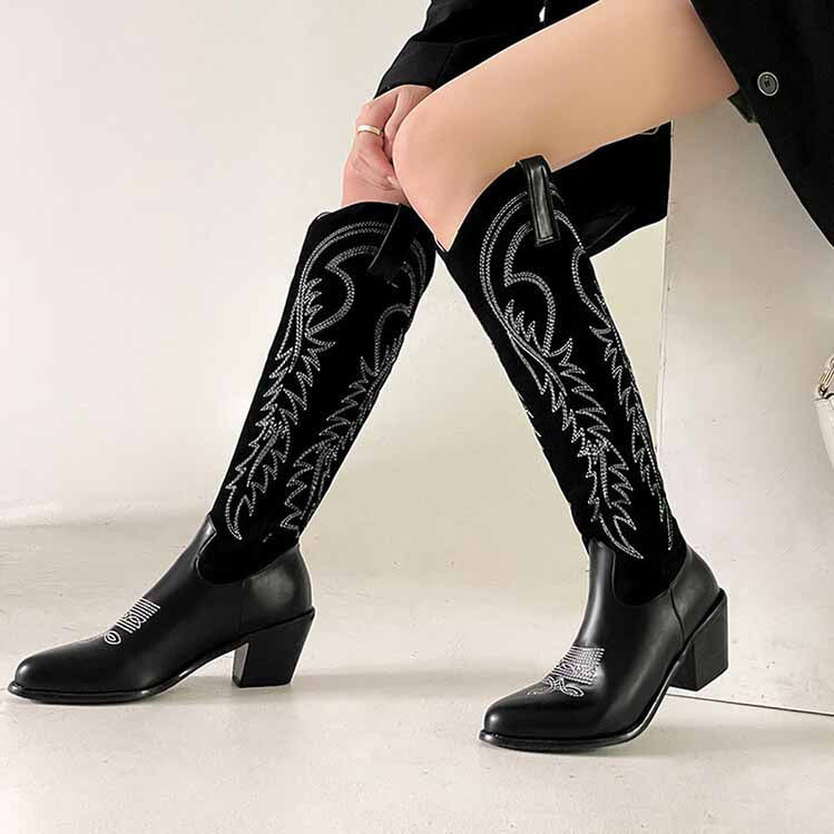 Stylish black womens western knee high boots featuring intricate embroidery and block heels