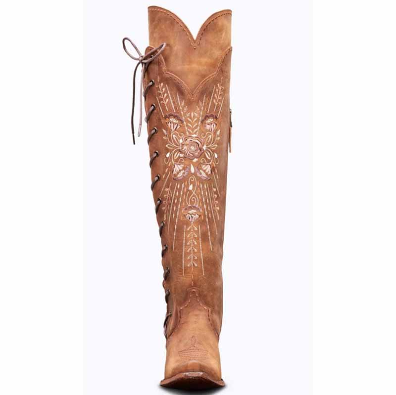 sd-hk women's western knee high boots with intricate floral embroidery and lace detailing