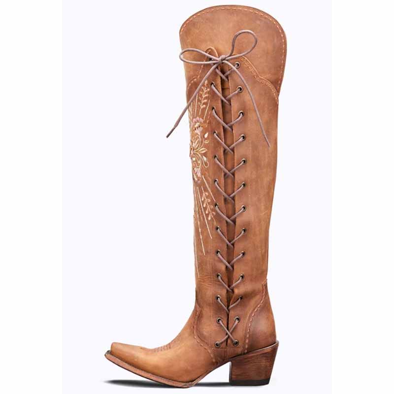 Women's western knee high boots with intricate lace-up design and a stylish cowboy-inspired silhouette
