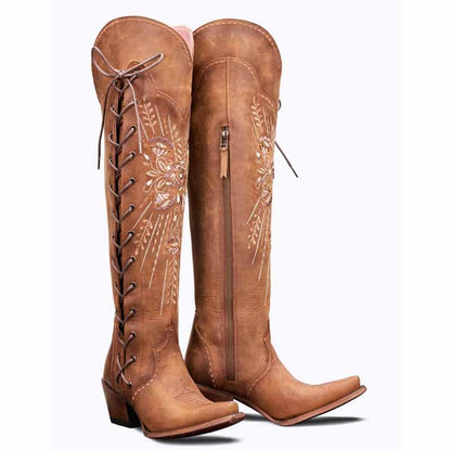sd-hk women's western knee high boots with floral embroidery and decorative laces