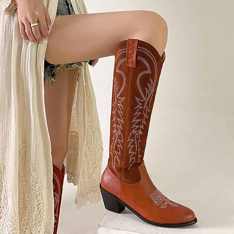Stylish sd-hk womens western knee high boots in brown with intricate stitching, perfect for cowgirl outfits